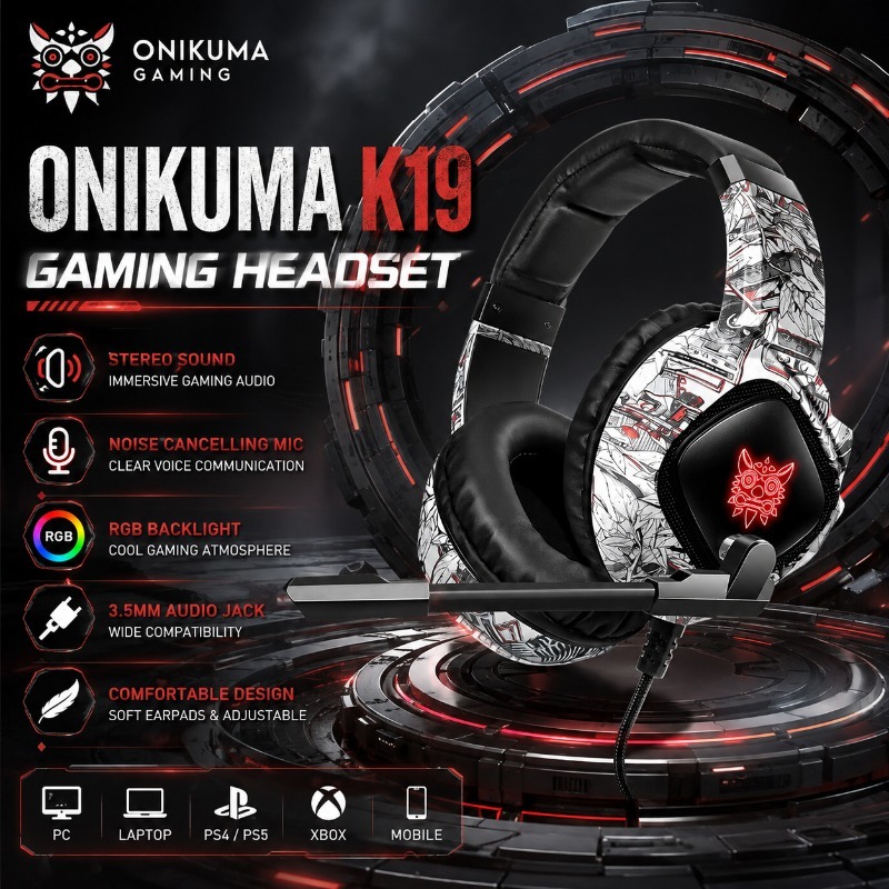Gaming Console Tower - หูฟังเกมมิ่ง ONIKUMA K19 แบบมีสาย พร้อมระบบตัดเสียงรบกวน หูฟังสเตอริโอพร้อมไมโครโฟน