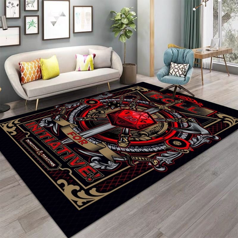 Gaming Console Room - พรมปูพื้นขนาดใหญ่ลายวินเทจ Dungeons & Dragons ลายดาบและลูกเต๋า กันลื่น
