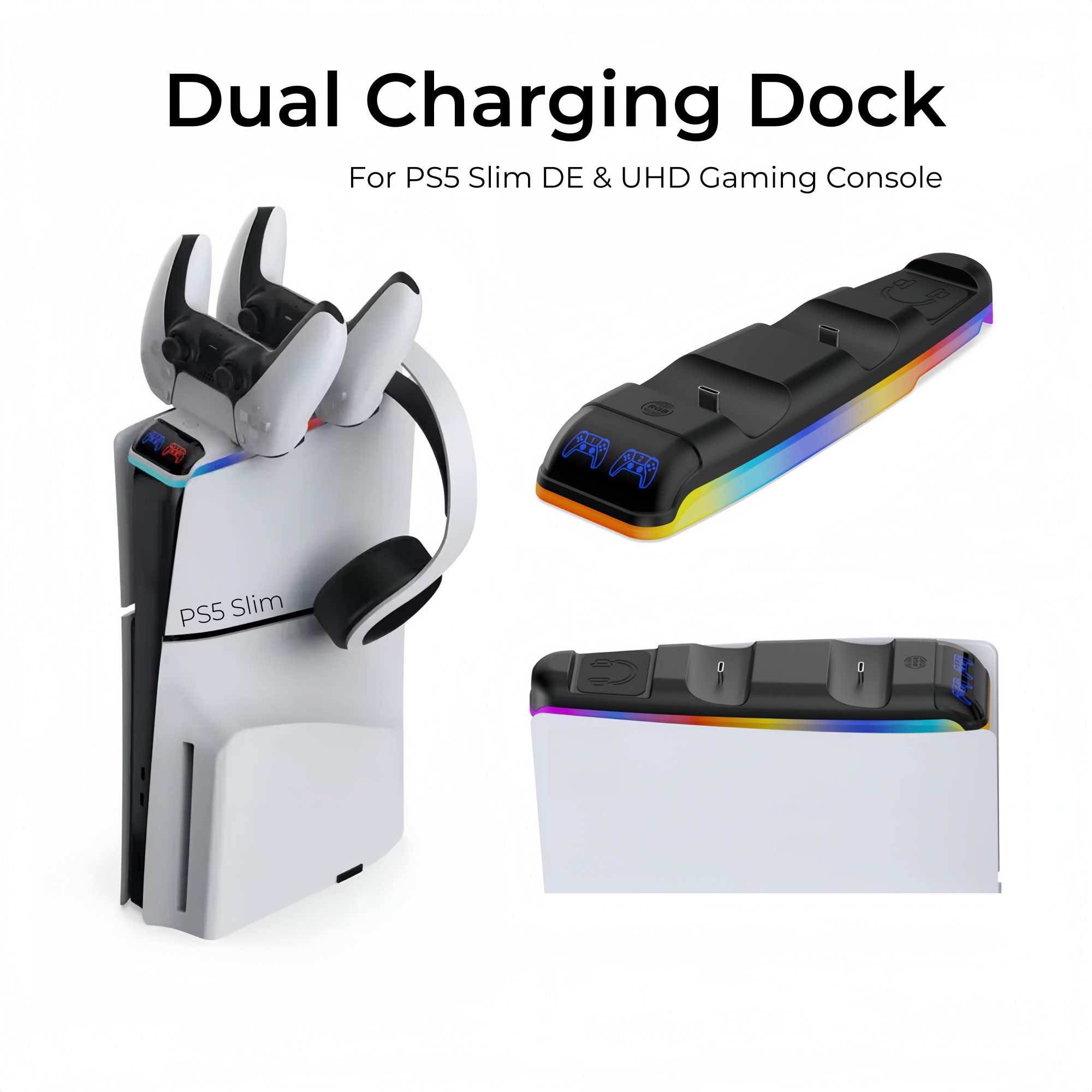 Sony Console Ps5 Slim - แท่นชาร์จไฟ RGB สำหรับคอนโทรลเลอร์ไร้สาย PS5 DualSense, สถานีชาร์จด้านบนสำหรับเครื่องเล่นเกม