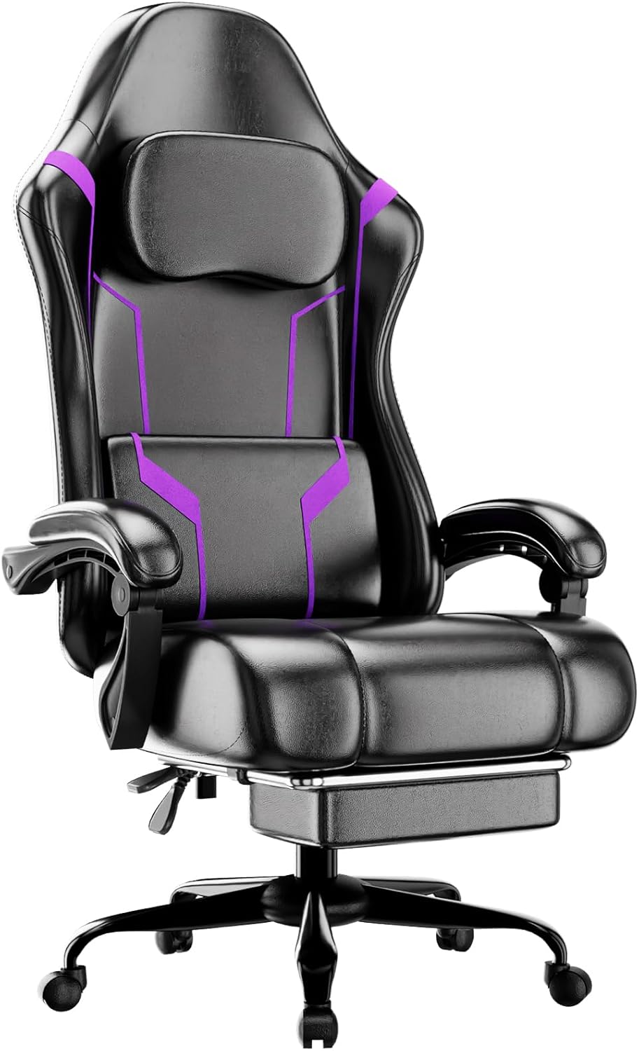 Gaming Chair Cushion - เก้าอี้เล่นเกมตามหลักสรีรศาสตร์พร้อมเบาะพ็อกเก็ตสปริงและที่วางเท้า เก้าอี้คอมพิวเตอร์แบบหมุนปรับความสูงได้สำหรับโฮมออฟฟิศ สีม่วง