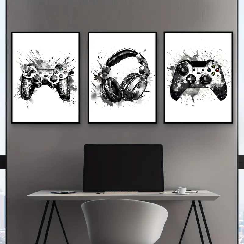 Gaming Console Room - ภาพวาดบนผ้าใบไร้กรอบ 3 ชิ้น/ชุด ลายกราฟฟิตี้เกมมิ่ง จอยเกม หูฟัง