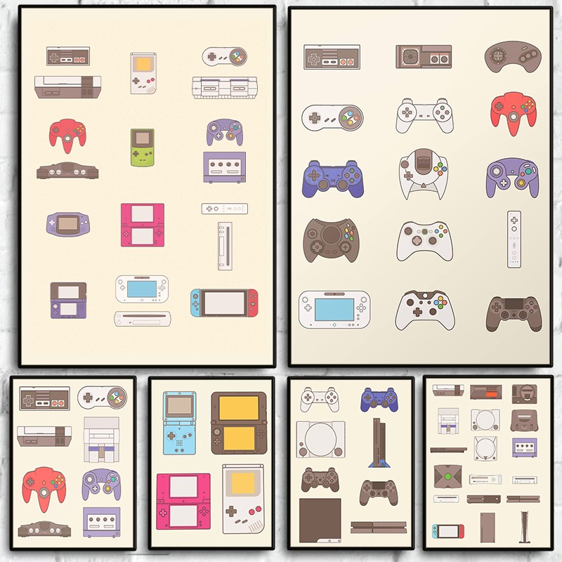 Gaming Console Room - โปสเตอร์วิดีโอเกมแบบพกพาและคอนโซล ภาพพิมพ์บนผ้าใบลายเกมแพด ตกแต่งผนังห้องเล่นเกม ห้องแมนเคฟ ของตกแต่งบ้าน